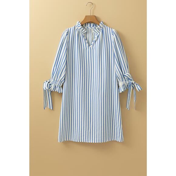 Sky Blue Stripe Knotted Bracelet Sleeve Notched Mini Dress - Size US 16-18 - Picture 4 of 9